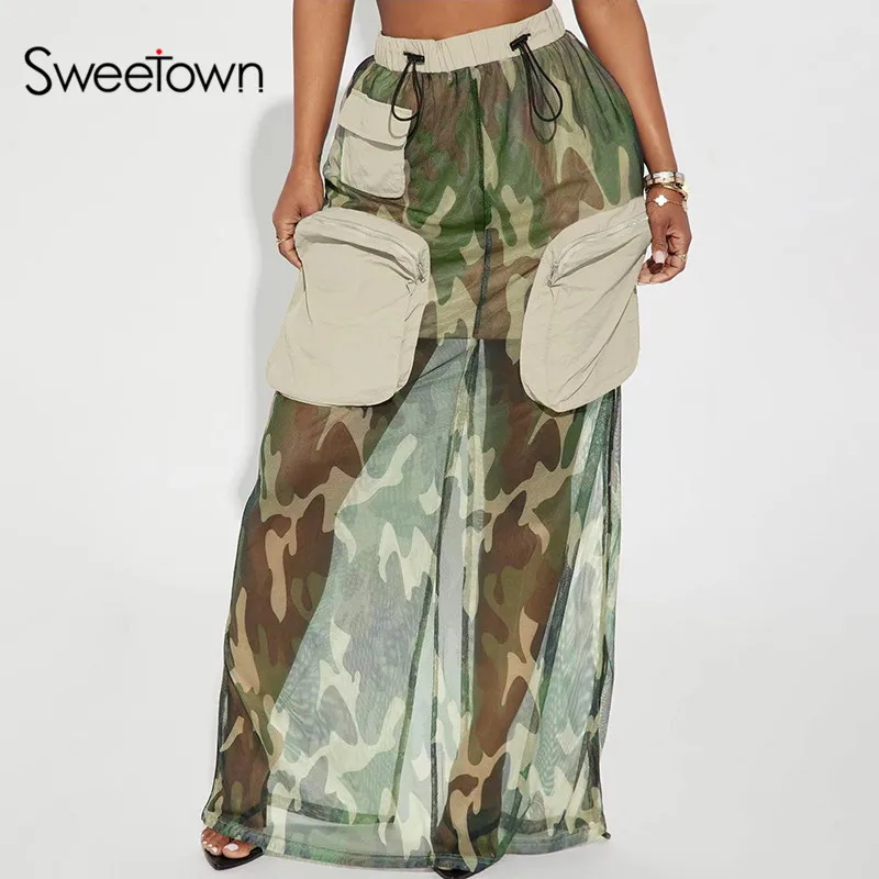 

Юбка-карго Женская камуфляжная сетчатая Прозрачная с большими карманами и высокой талией