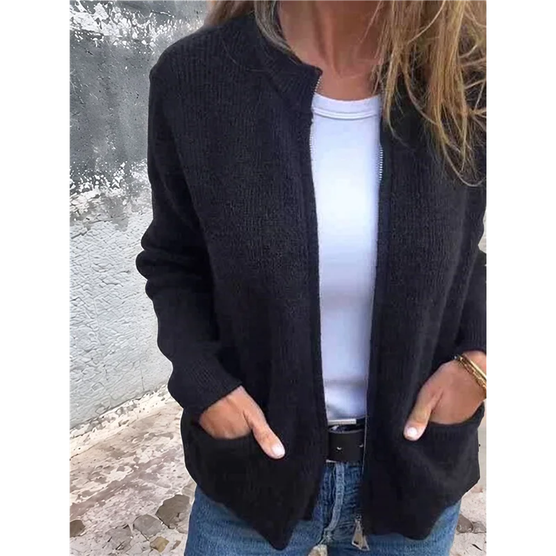 A68G-여성용 지퍼 니트 가디건 긴 소매 스탠드 칼라 스웨터 아우터 코트 포켓 포함