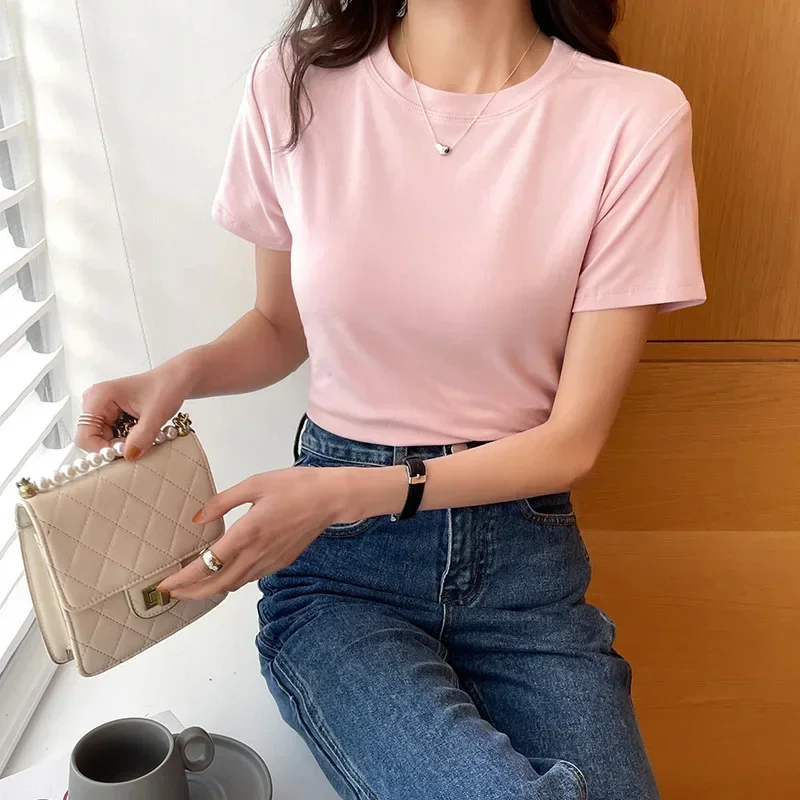 

New Round neck women's T-shirt fashion casual T-shirt 100% pure cotton solid color T-shirt In