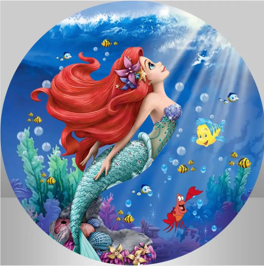 Princess Ariel Little Mermaid Round Circle Backdrop Cover Undersea Mermaid  Background Photography Girl Birthday Party Decoration