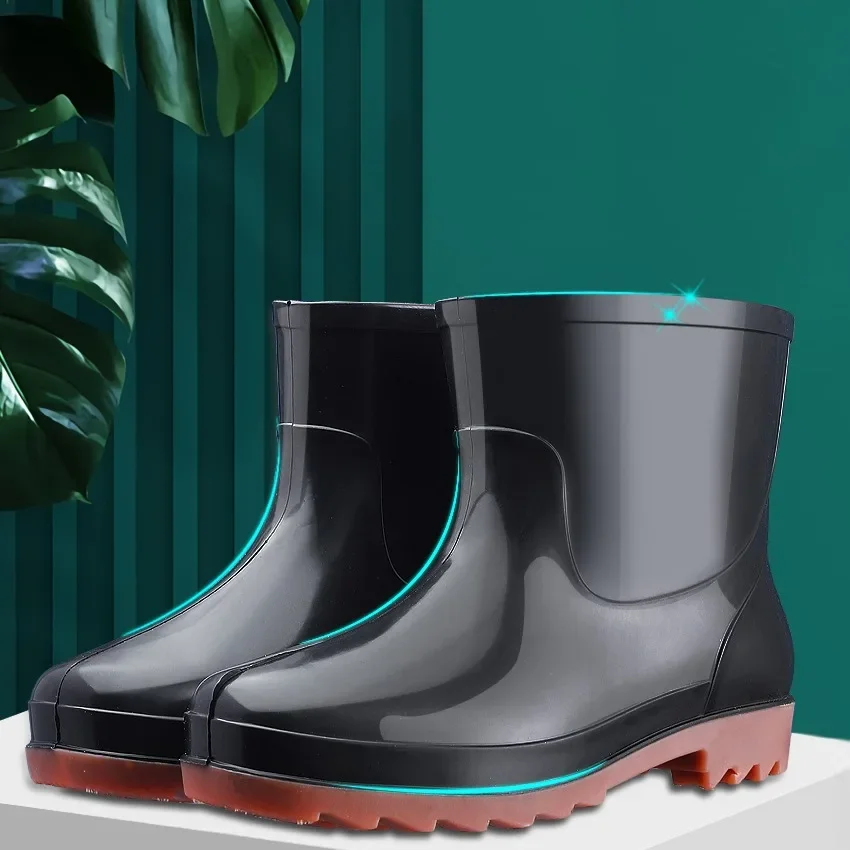 Bottes pluie plastique courtes rondes antidérapantes automne résistantes semelle PVC tendons hommes