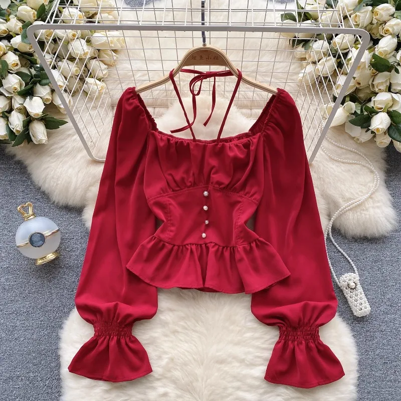 

Skinny Lace up Neck Hanging Long Sleeve Shirt for Women's Autumn Blouse 2023 New Button Waistband Short Satin Tops Small Shirt