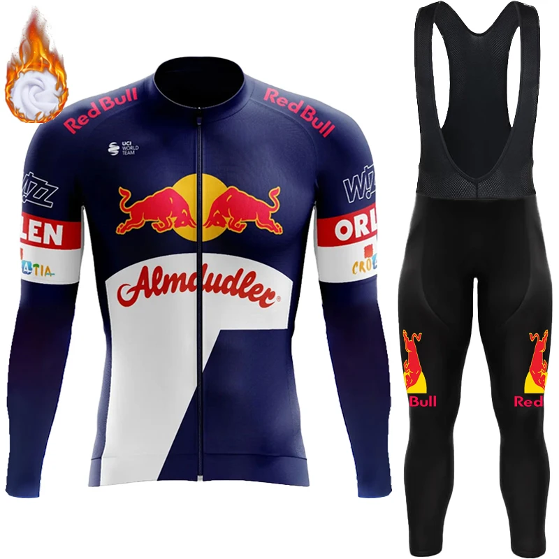 Men's Cycling Clothing 2024 Winter Thermal Fleece Jersey Bib Road Bike Uniform For Bicycle Red Bull Set Mtb Professional Shirt 3