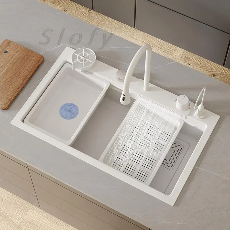 White/Balck/Grey 304 Stainless Steel Waterfall Kitchen Sink Single Bowl Wash Basin Home Sink Topmount  Workstation Drainage Set 2