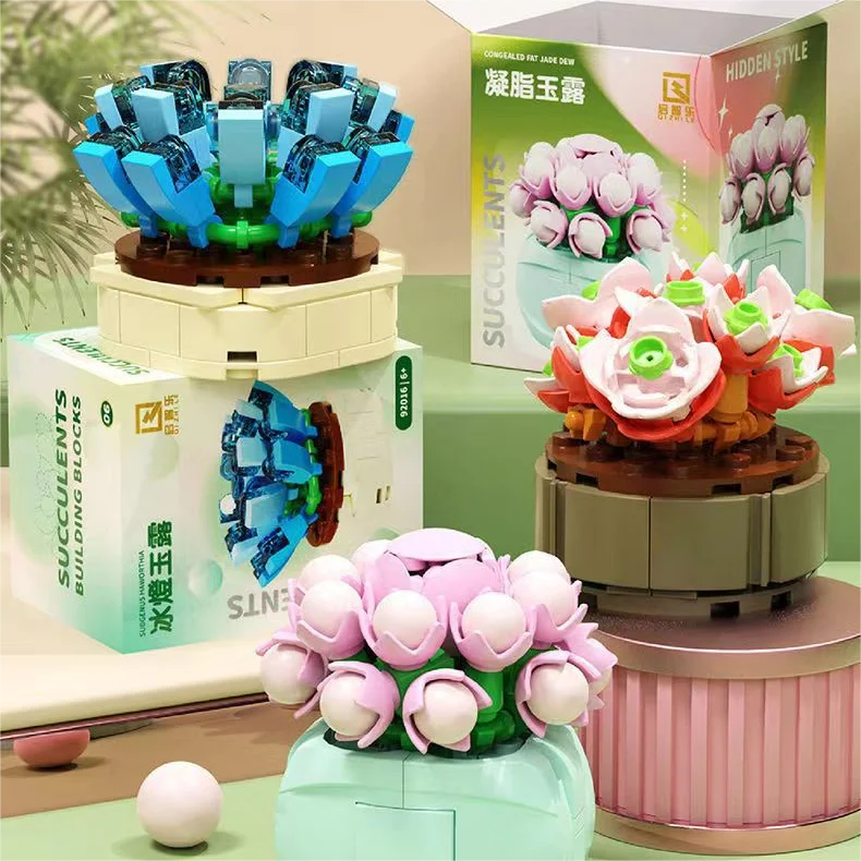 Flower Succulents Building Blocks Everlasting Flower Bonsai Tree Gardens Romantic Bricks Diy Potted Plants Model Kids Kits Toys