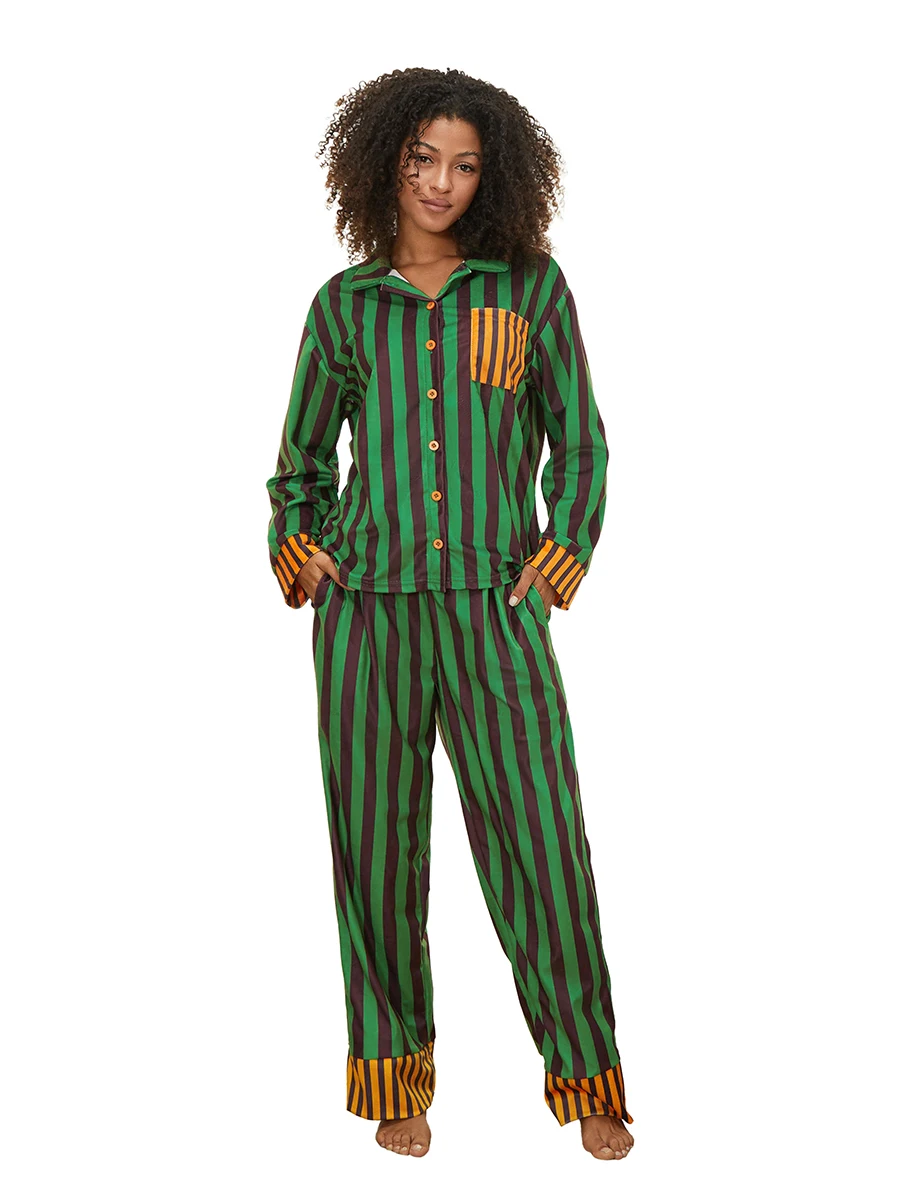 Conjunto de pijama navideño con estampado de rayas para mujer, blusa de manga larga con botones y cuello de solapa, pantalones largos, ropa de estar por casa de 2 piezas, pijamas