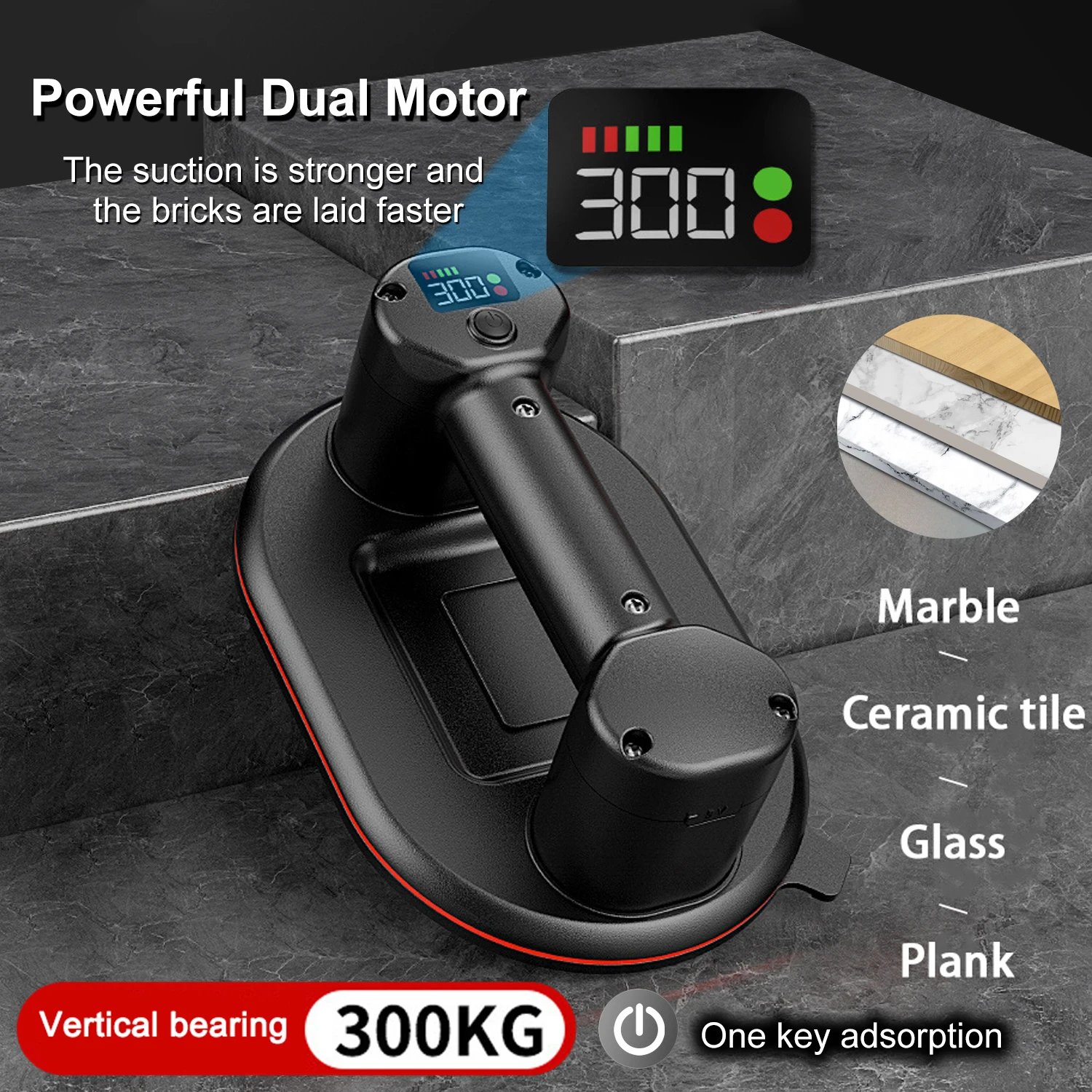Intelligent Display Industrial Grade Electric Vacuum Suction Cup 300KG Load Heavy Duty Granite Tile Glass Lifter 4000mAh Battery
