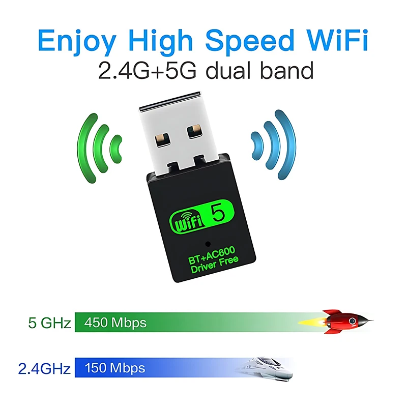 USB WiFi Bluetooth Adapter 600Mbps Dual Band 2.4Ghz 5Ghz Mini Wireless Network External Receiver 2 IN 1 For PC Laptop Desktop