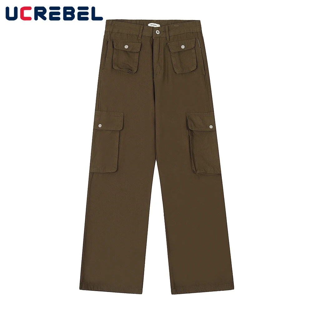 

Multi-Pocket Casual Straight-leg Pants Mens Safari Style Loose Solid Color Cargo Pants Mens