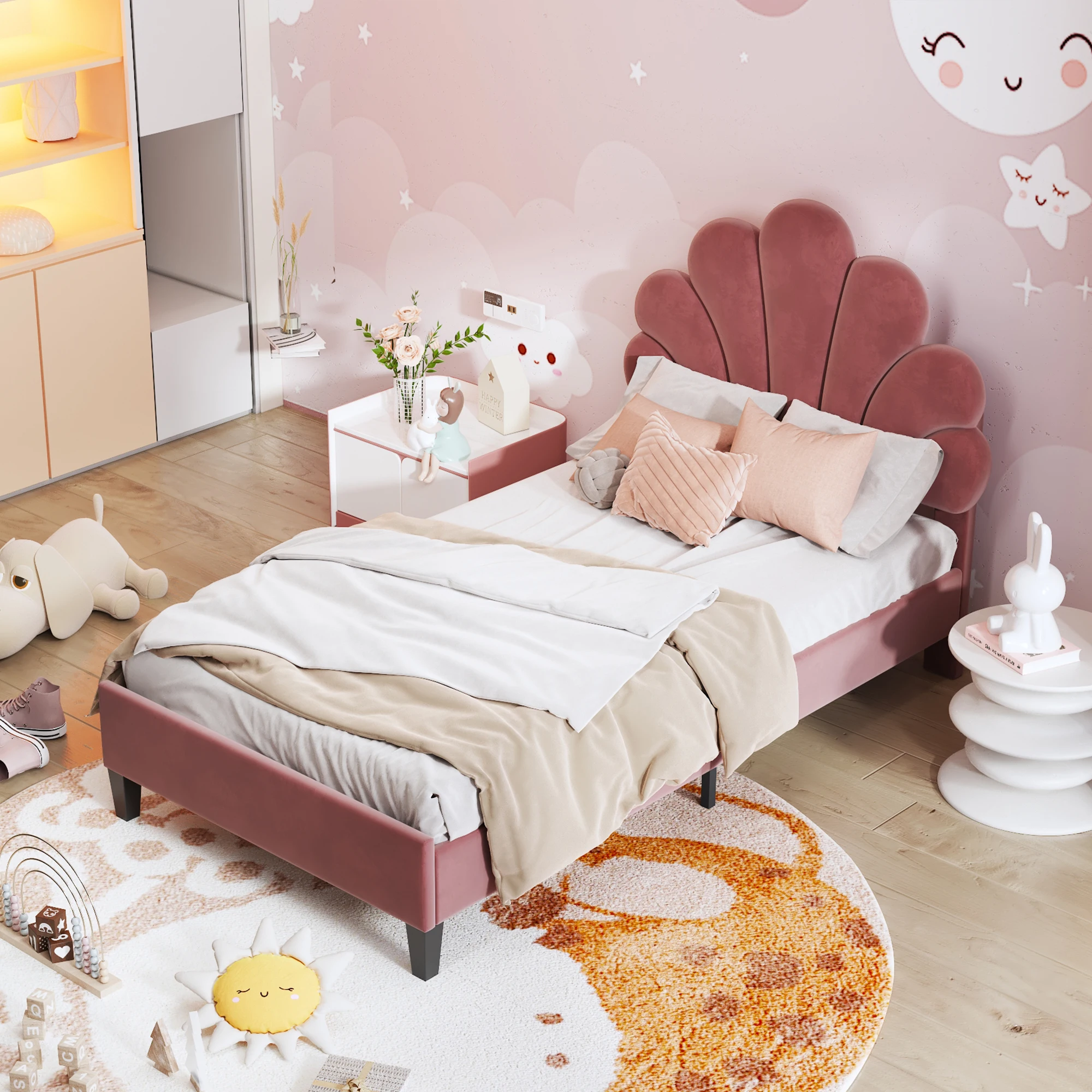 KOMHTOM Gästebett aus hautfreundlichem Samtstoff mit blumenförmigem Kopfteil am Bettgestell und Lattenrost – Detail 1