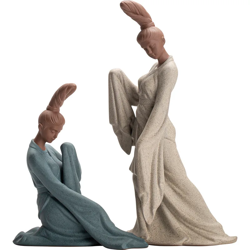 Zen Chinese Ancient Dancing Statue for Women, Beautiful Women Statues, Ceramic, Purple Sand, Tea Room Decorations, Gift