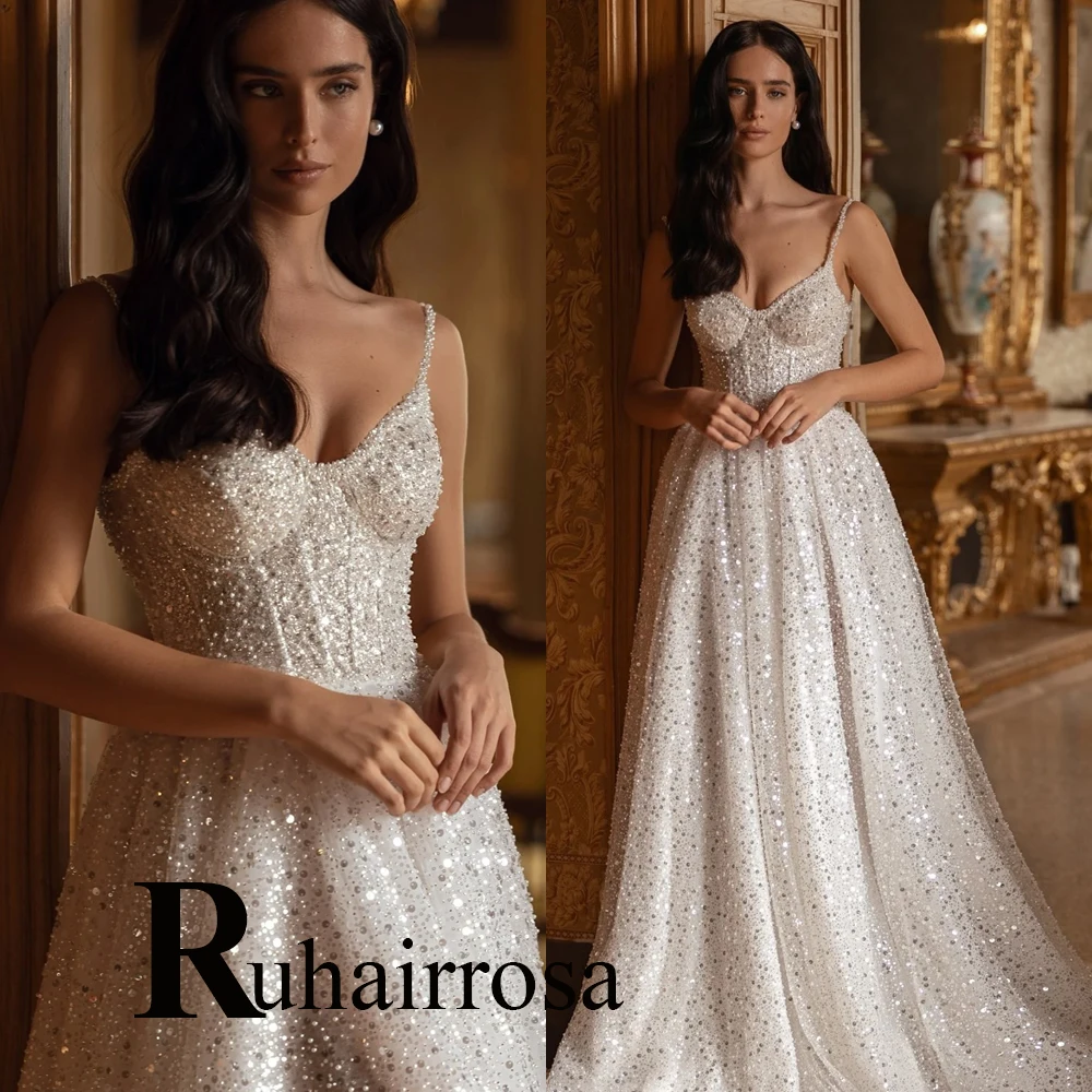 Ruhair exquise a-ligne robes De mariée pour les femmes bretelles Spaghetti paillettes Corset chérie robe De Casamento personnalisé