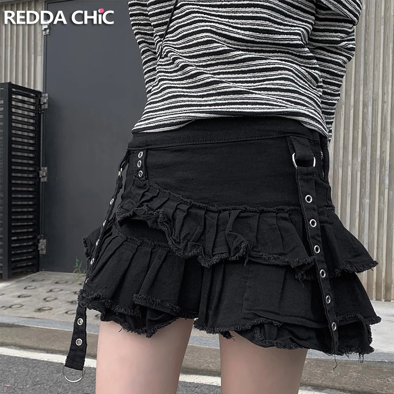 

REDDACHiC Ruffled Patchwork Raw Hem Denim Mini Skirt Women Vintage Black Low Waist Frayed Pleated Jeans Skirt Y2k Grunge Clothes