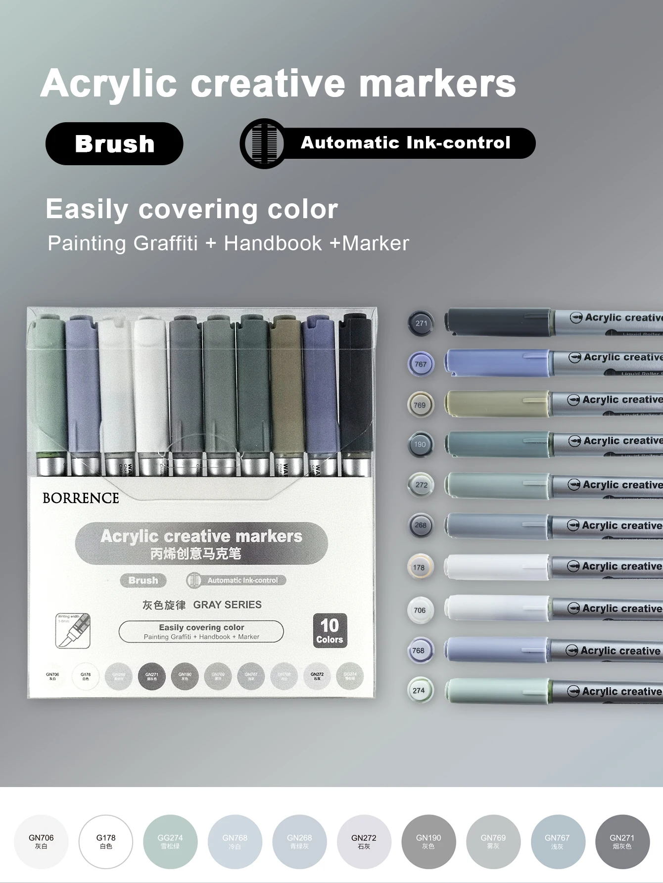 Vibrant Acrylic Brush Markers Set with Automatic Ink Control - 10 Colors