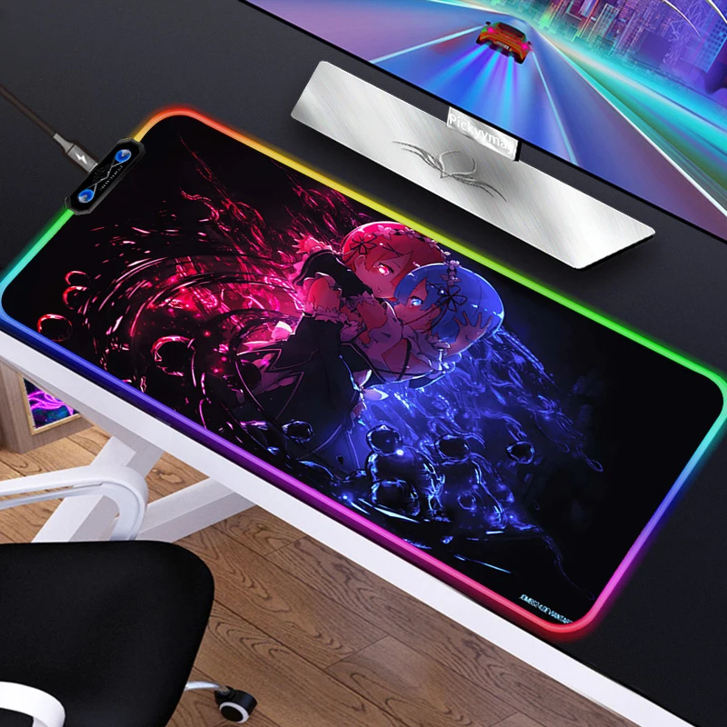 

Re Zero Gaming Computer Mousepad RGB Large Anime Mouse Pad Gamer XXL Mouse Carpet Big Mausepad LED PC Desk Play Mat with Backlit
