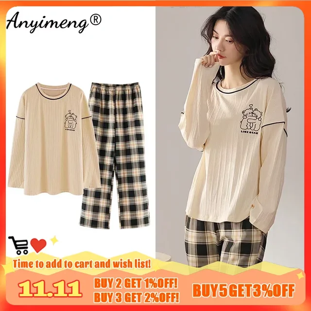 Autumn New Korean Kawaii Pajama Set for Women Pajamas Cotton Round Neck Long Sleeve Pijamas Fashion Sleepwear for Young Lady