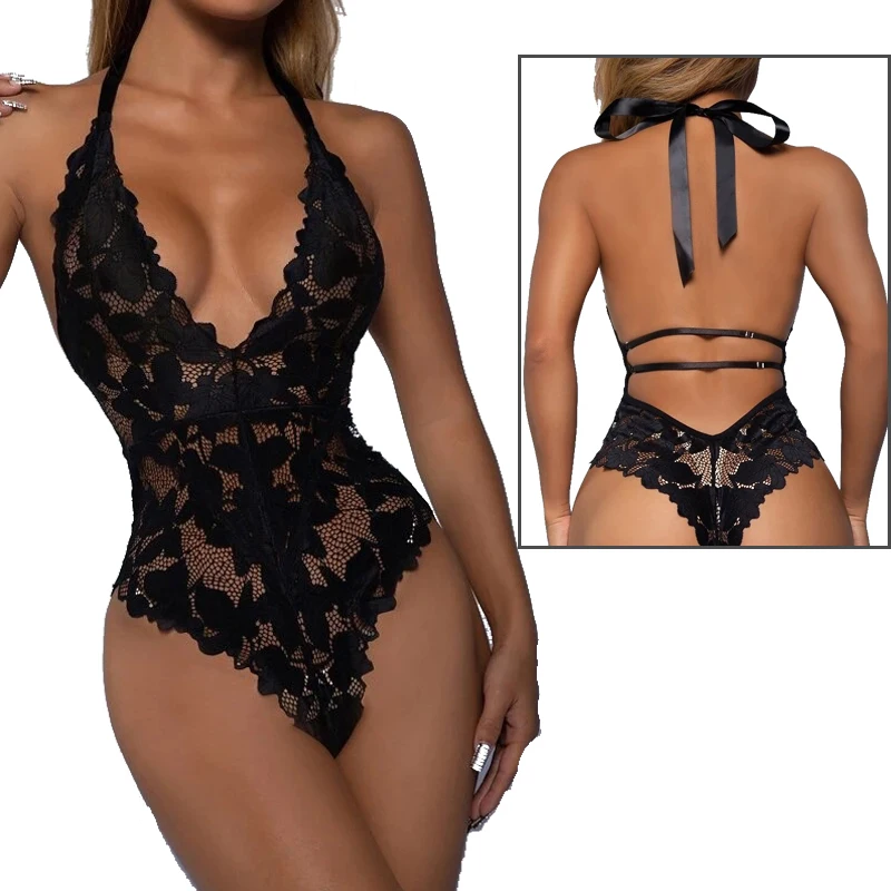 

Sexy Women Lingerie Solid Lace See-through Backless Erotic Underwear Women's Neck Strap Bodysuit Sleepwear Hot Exotic Intimate