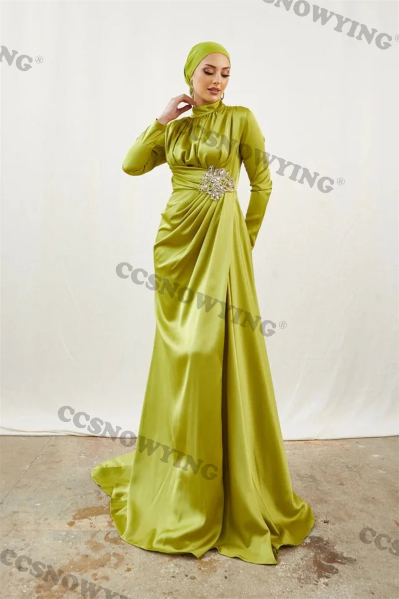 

Satin Appliques Hijab Muslim Evening Dress Islamic Long Sleeve High Neck Formal Party Gowns Women Arabic Dubai Robes De Soirée