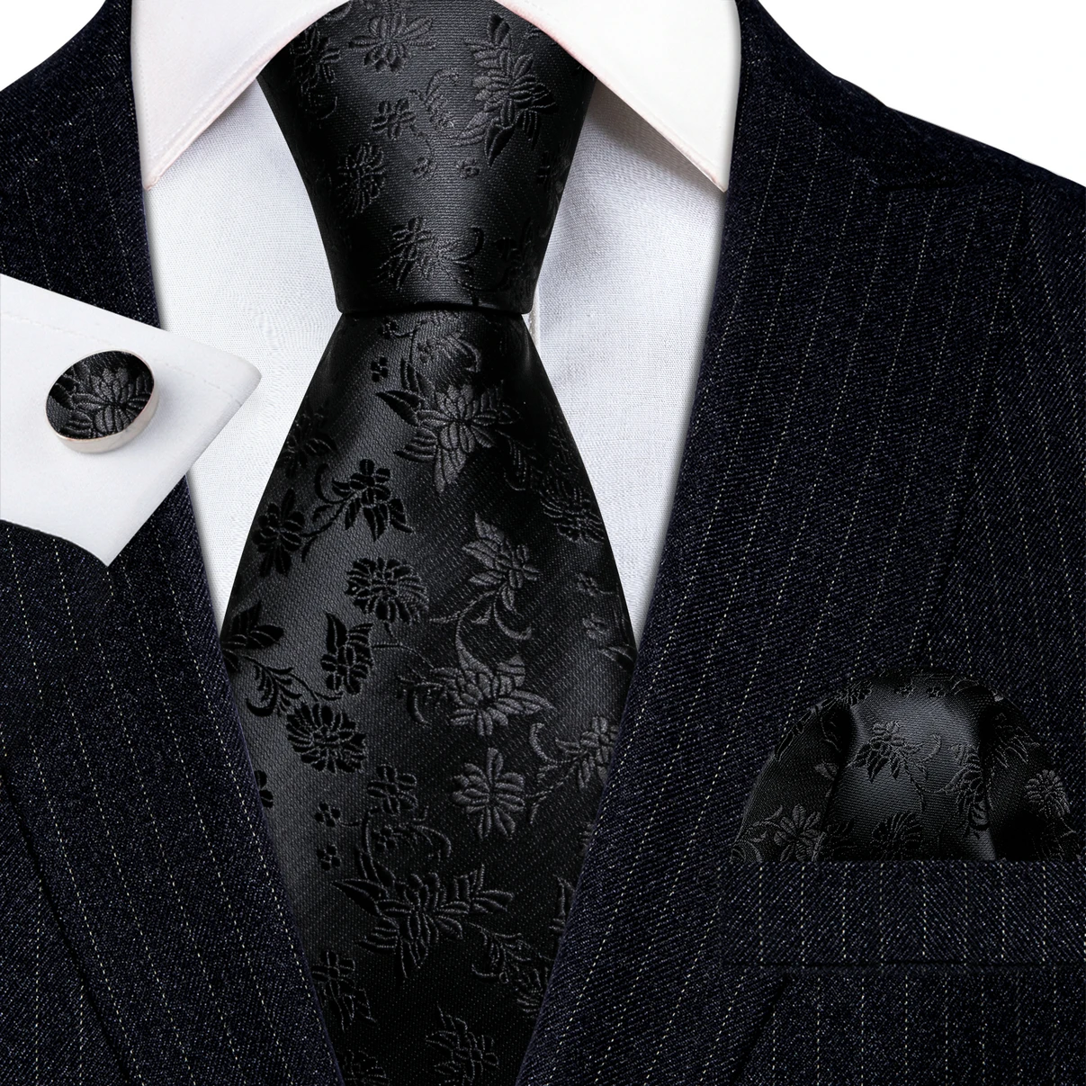 Men Tie Hankerchief Cufflink Set Plum Blossom Rose Spiraea Necktie Cravat For Male Wedding Party Business Neck Tie Pocket Square Mini Handkerchief