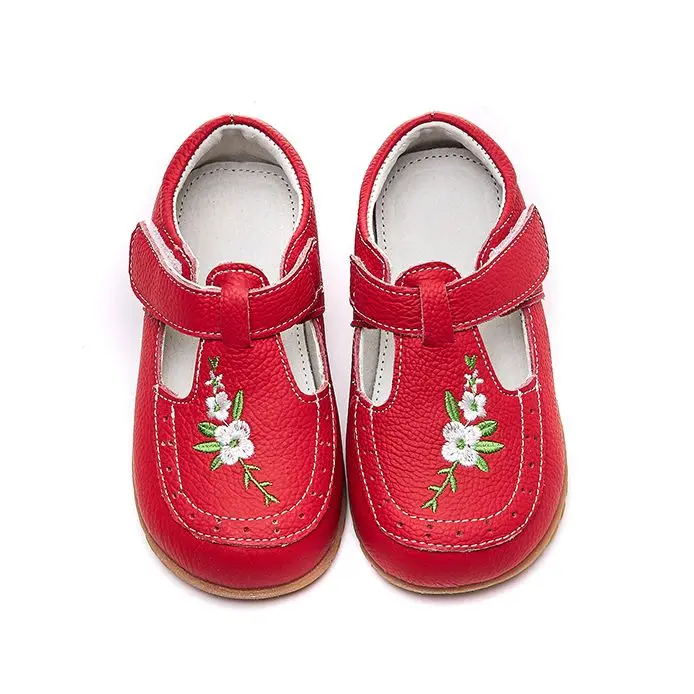 Girls Shoes Mary Jane Children Leather Shoes Red T-strap Flower Embroidery Princess Wedding Lovely Cute 20-32 SandQ 2023 New