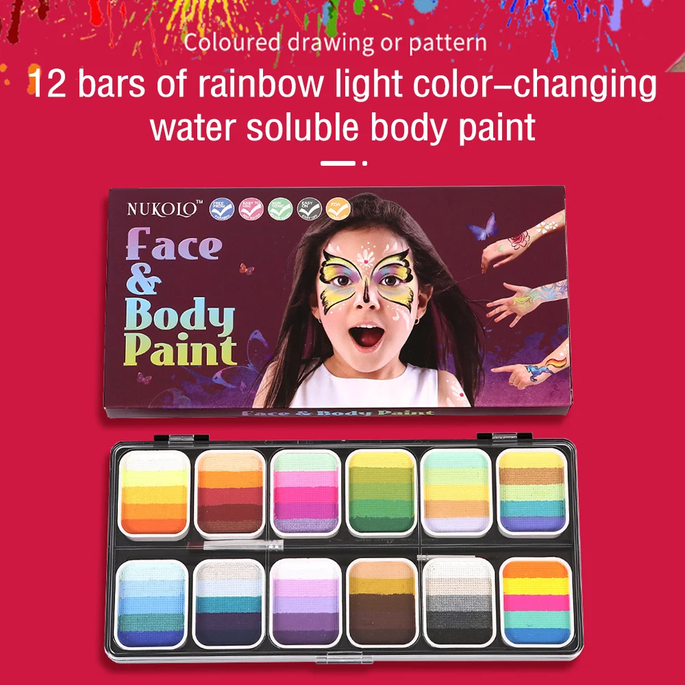 전문가용 페이스 스플릿 케이크 페인트 팔레트 세트, 여러 가지 색상 세트, 3 브러시 및 6 스텐실 스티커, 안전하고 무독성 물