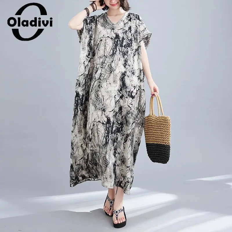 

Oladivi Fashion Print Large Size Women Bohemian Beach Dress 2023 Summer Boho Long Dresses Ladies Oversized Clothing 8XL 9XL 8025