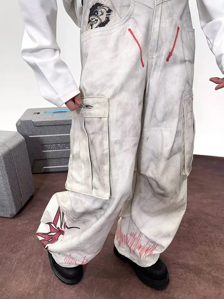 2025 Cyber Y2K Streetwear Dirty Washed White Baggy Cargo Jeans Pants For Men Clothing Wide Leg Straight Vintage Long Trousers 5