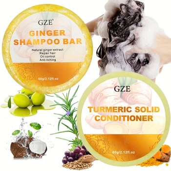 GZE Ginger Shampoo Bar sapone e curcuma balsamo solido Set per capelli per sfoltire, bloccare l'umidità e brillare e controllare l'effetto crespo.