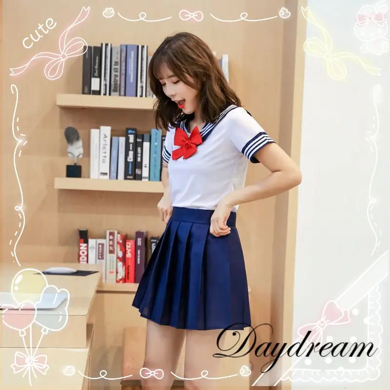 

Japanese Korean Style Women's School Uniform Sexy Collage Student Sailor Party Costume Short Sleeve JK Set Girls' Pleated Skirt