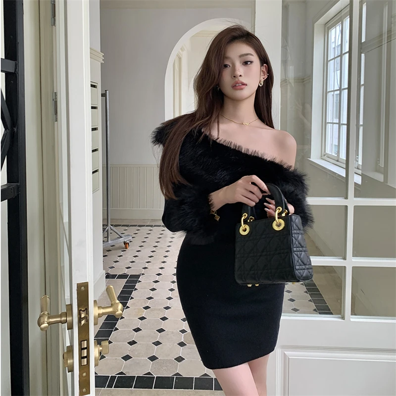 Ezgaga Mini Dresses Women Furry Patchwork Slash Neck Long Sleeve Spring Fashion Slim Sexy Elegant Dress Party Female Backless 4