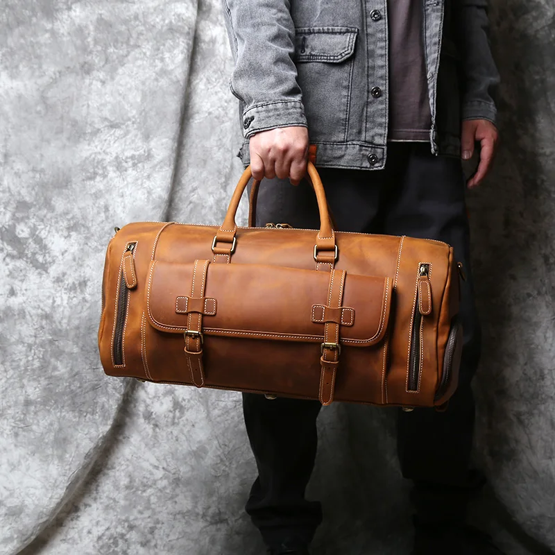 NZPJ Vintage Genuine Leather Men's Travel Bag Crazy Horse Leather Duffel Bag Large Capacity Top-Layer Cowhide Handbag Crossbody