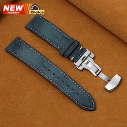 Elegant Genuine Leather Butterfly Clasp Watchband - Premium Strap Wristband Accessories - 20mm (Blue)