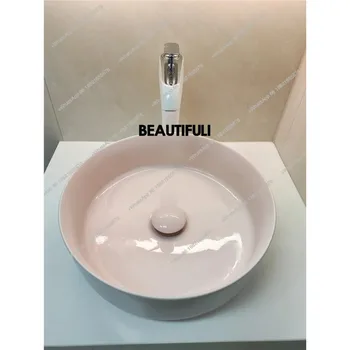 อ่างล้างหน้าแบบตั้งโต๊ะสีชมพูและสีขาว อ่างล้างหน้าแบบฝ้า อ่างล้างหน้าแบบด้าน อ่างล้างหน้าเดี่ยว อ่างล้างหน้าดีไซน์ศิลปะ อ่างล้างหน้าทรงกลม เซรามิก อ่างล้างหน้าสร้างสรรค์สำหรับบ้าน 1
