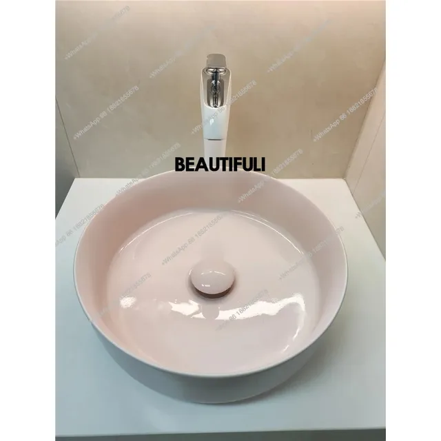 อ่างล้างหน้าแบบตั้งโต๊ะสีชมพูและสีขาว อ่างล้างหน้าแบบฝ้า อ่างล้างหน้าแบบด้าน อ่างล้างหน้าเดี่ยว อ่างล้างหน้าดีไซน์ศิลปะ อ่างล้างหน้าทรงกลม เซรามิก อ่างล้างหน้าสร้างสรรค์สำหรับบ้าน 1