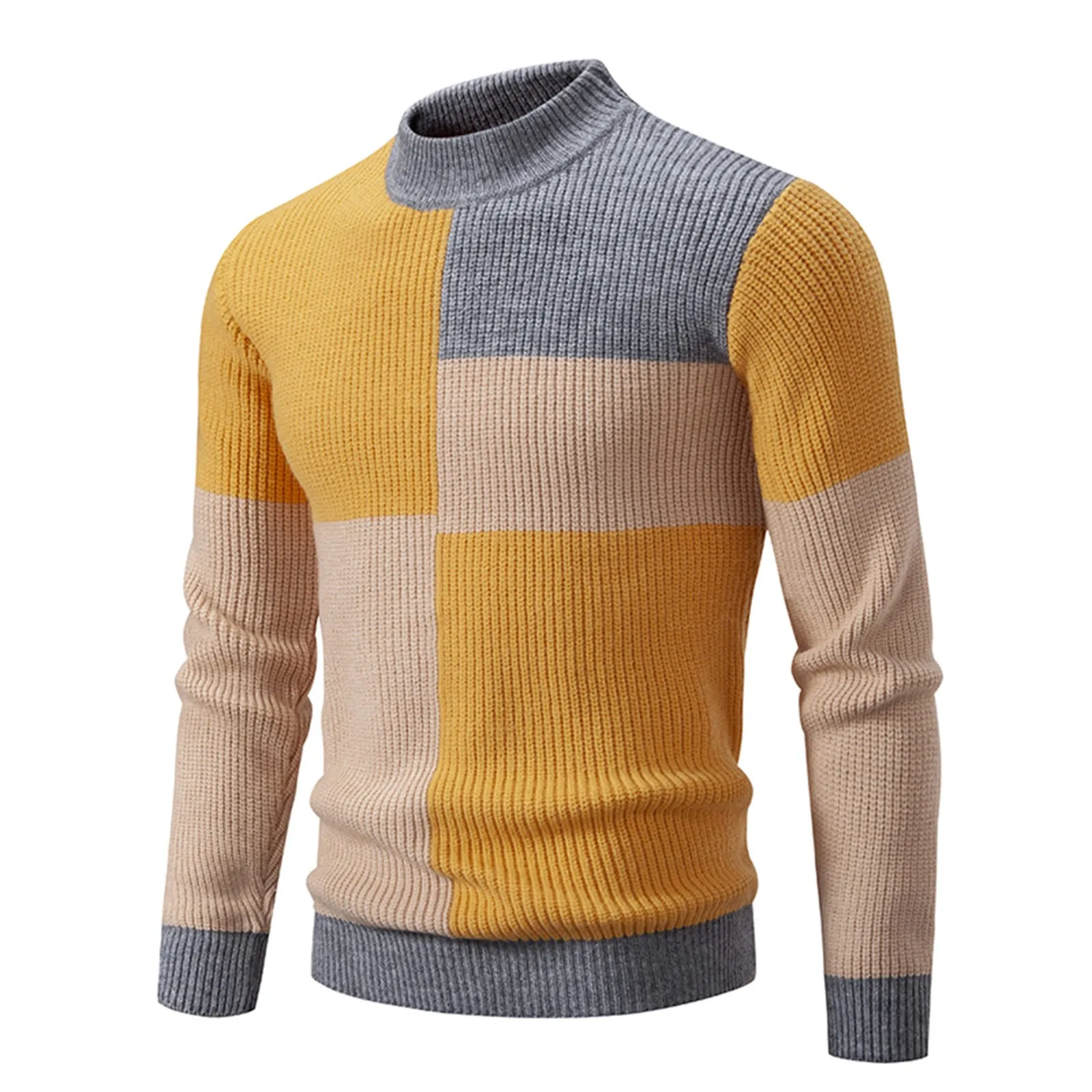 

Men Warm Autumn Winter Sweaters Casual Patchwork Color Knitted Pullovers Male Plaid Round Neck Sweater Y2k Sueteres Para Hombre