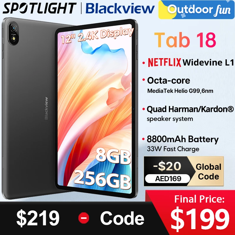 월드 프리미어, 12 인치 블랙뷰 탭 18 태블릿, 8GB, 12GB, 256GB, 16MP, 2.4K FHD + 디스플레이, 8800mAh 와이드바인 L1 MTK 헬리오 G99 33W