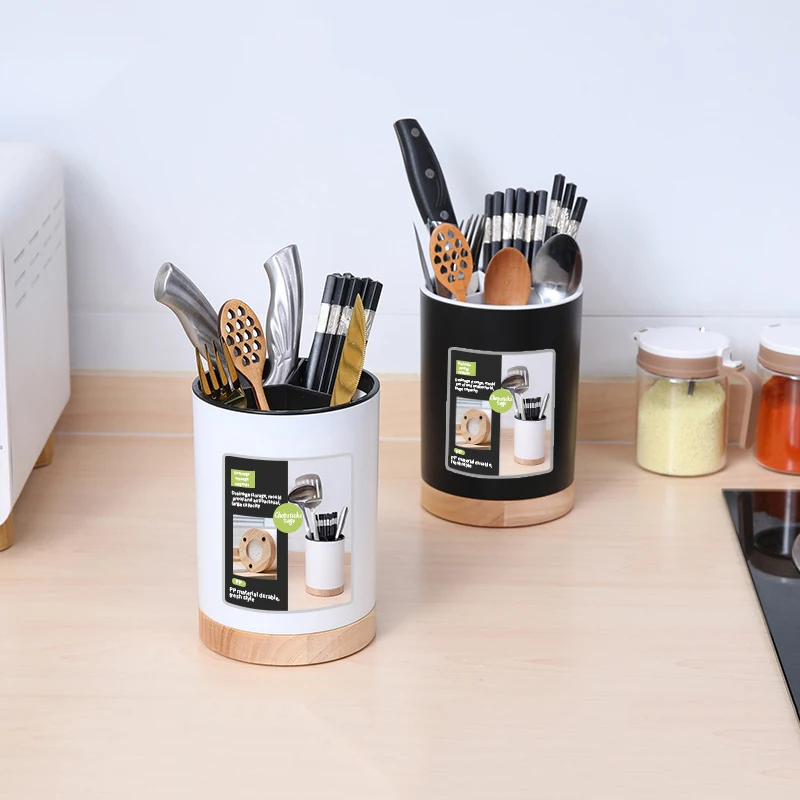 Kitchen Utensil Holder 360&deg; Rotatable 3-Grid Tableware Drainer Chopstick Spoon Utensil Storage Bucket Removable Divider