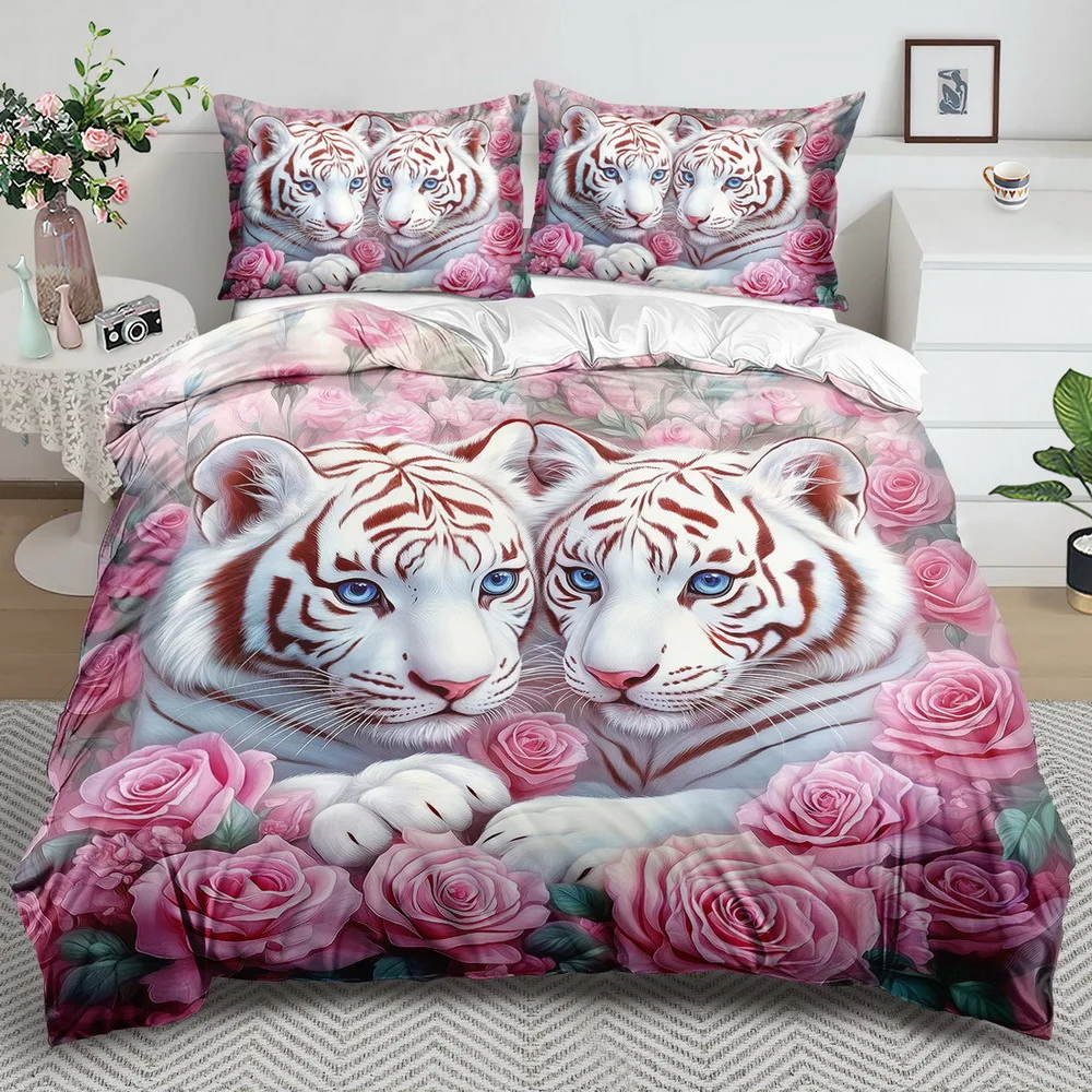 Kaijit White Tiger Theme Duvet Cover Set - 2/3pcs, Soft, Comfortable And Breathable, Animal Flower Pattern Print Bedding Set