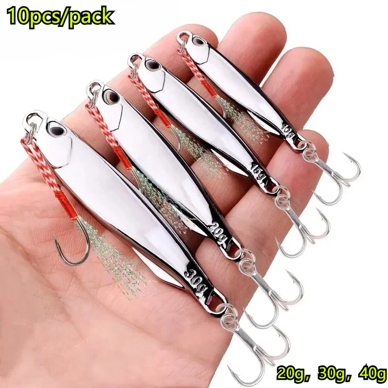 Pack 10 leurres métal jig 20g 30g 40g argentés - Appâts de pêche pour bar en eau salée et carnassiers
