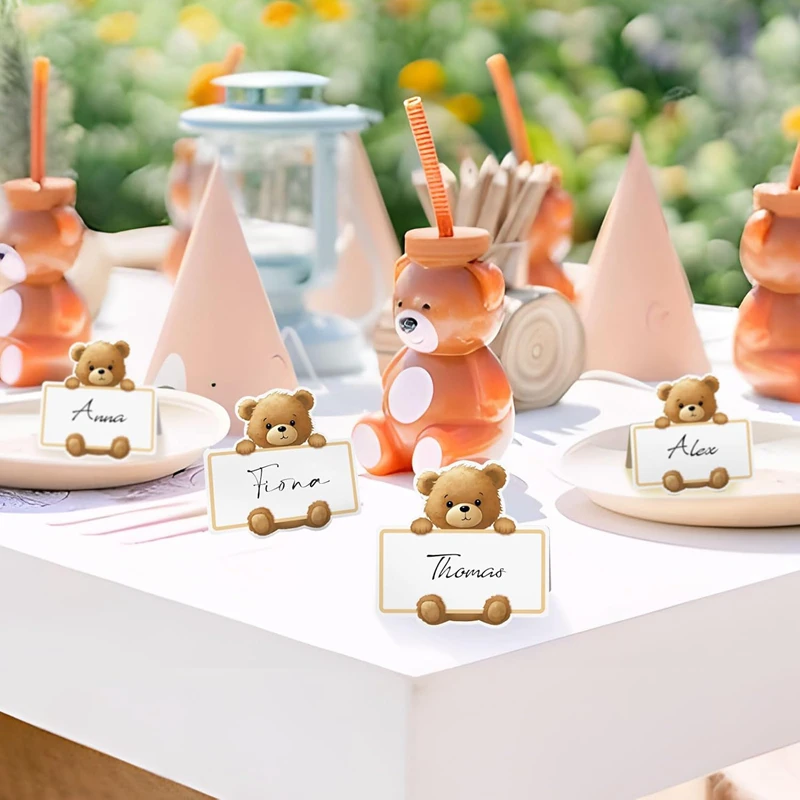 20/50Pcs Brown Bear Name Place Card Paper Seating Number Invitation Card Wedding Kid Birthday Party Baby Shower Table Decoration