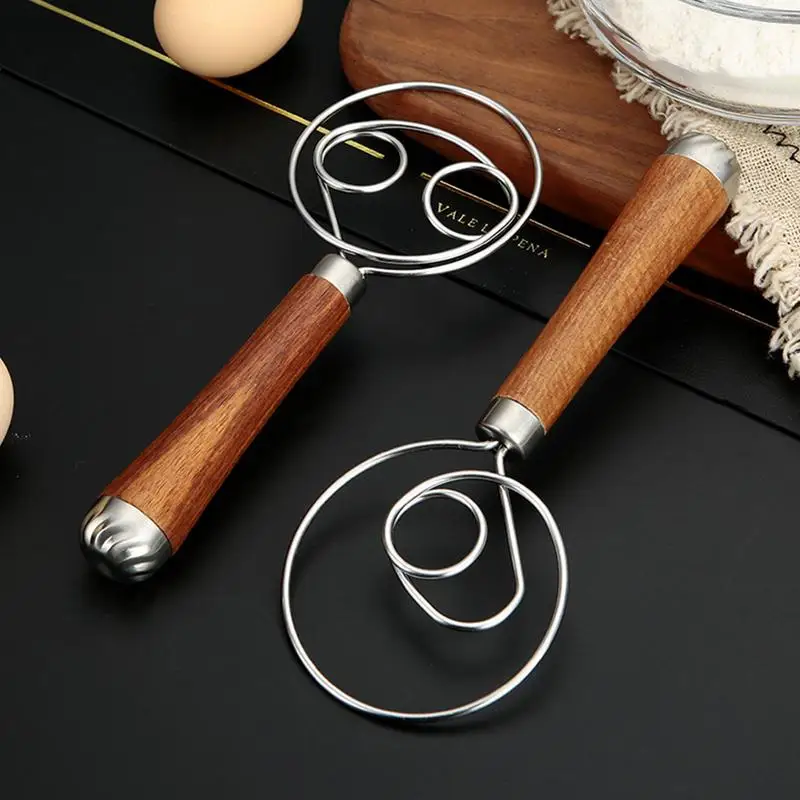 Danish Dough Whisk Wooden Handle Eggs Cream Mixing Rods Double Holes Flour Cake Stirrer Whisk Kitchen Baking Tools