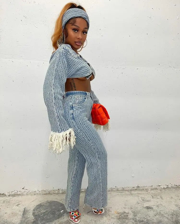 Fashion Denim Women's Set Tassel Long Sleeve Crop Jean Jackets And Pants With Scarf 2023 Autumn Two 2 Piece Set Outfit Tracksuit