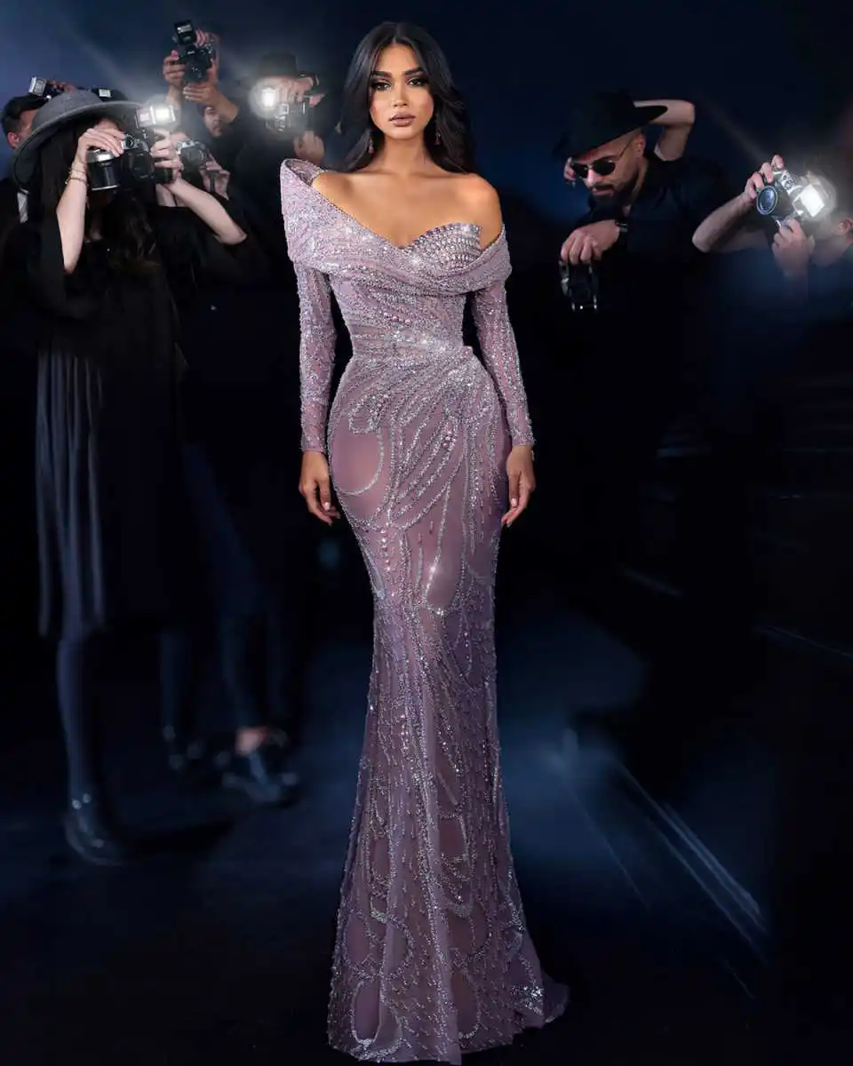 Evening Dresses Mermaid One-Shoulder Appliques Beaded Floor Length Party Vestido De Noite