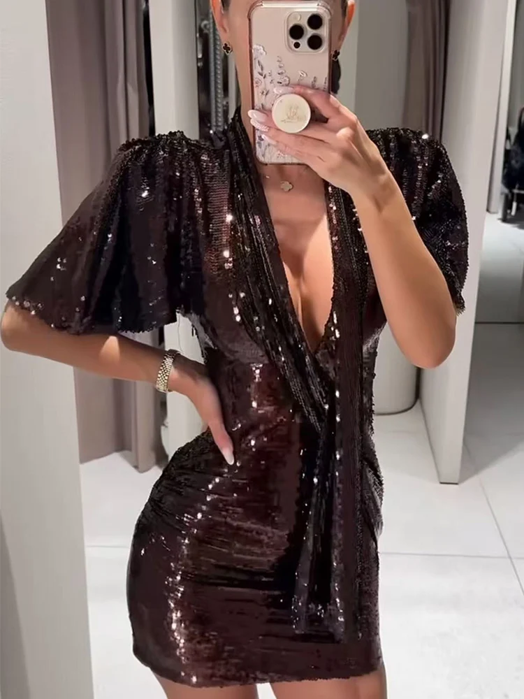 Sexy Solid Sequin Dress For Women Chic Short Sleeve Scarf Neck Slim Fit Mini Dresses 2026 New Lady Evening Party V Neck Dress