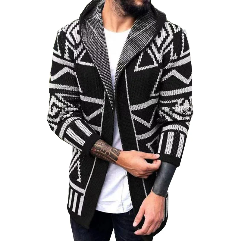 Men's Hooded Sweater Cardigan 2023 Autumn And Winter New Fashion Medium Long Printed Casual Large Size Sweater