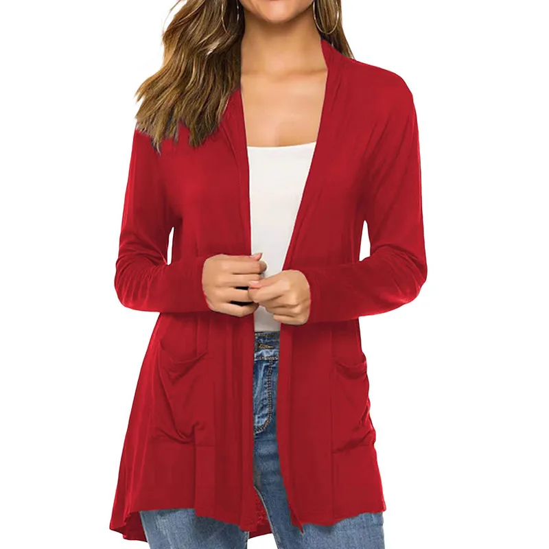 

Women Lightweight Cardigans Spring Autumn Clothes Vintage Solid Color Pockets Open Front Long Sleeve Coat Female Clothing