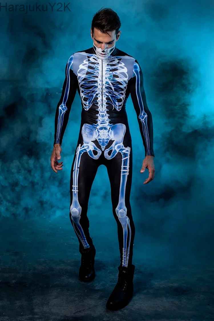 Ghost Scarey Cosplay Costumes for Men Skull Print Gothic Long Sleeve Jumpsuits Womens Rompers Carnival Party Male Clothes
