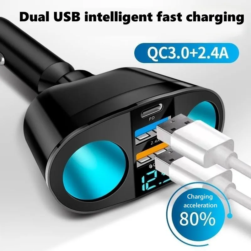 Автомобильное зарядное устройство с двумя портами USB type-C и цифровым дисплеем