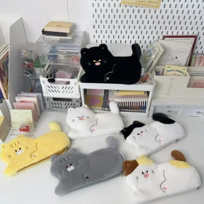 귀여운 고양이 모양의 부드러운 촉감의 가벼운 대용량 문구 수납 펜 케이스, 다용도 수납 가능