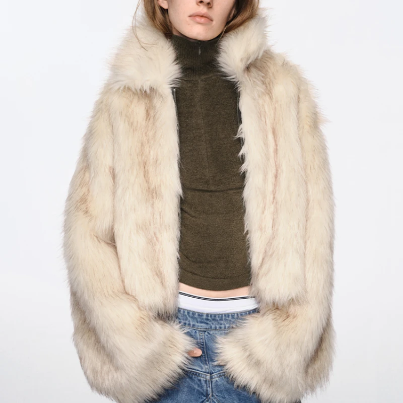 Fashion Fake Fox Fur Jacket Coat Women 2023 Winter Luxury Design Lapel Fur Coats Cool Girls Overcoat Lady Party Elegant Outfits